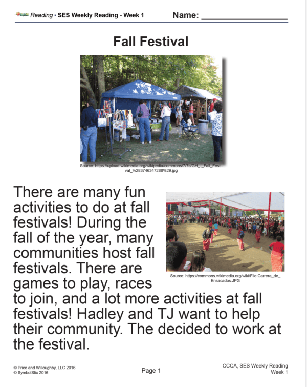 SES Weekly Reading- Fall Festival